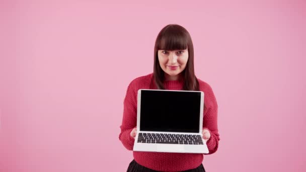 White Woman Dark Long Hair Fringe Wearing Red Sweater Holding — Stock video