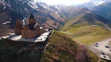 aerial view of Gergeti Trinity Church in Kazbegi, Stepantsminda, Georgia. High quality photo