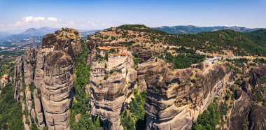 stunning aerial view of the famous monasteries on the tops of stone pillars in Meteora, Greece. High quality photo