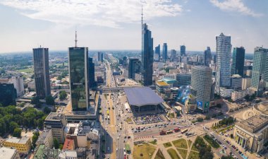 7.22.2022 Warsaw, Poland. Various skyscrapers in the centre of Warsaw. Varso Tower, Centrum LIM, Zlota 44, the Oxford Tower. High quality photo