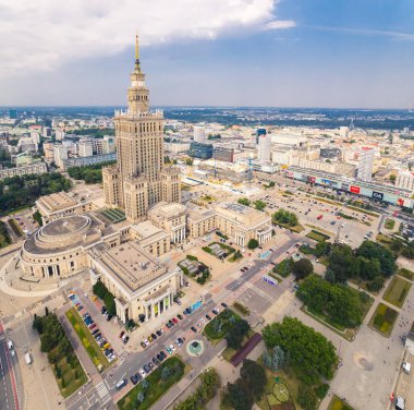 7.22.2022 Warsaw, Poland. Square drone aerial shot capturing the whole Palace of Culture and Science -built in socialist realism style. Sunny weather. High quality photo
