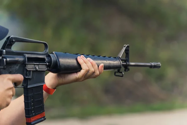 Hands Aiming Submachine Gun Firearms Training Target Practice Firing Range — 스톡 사진