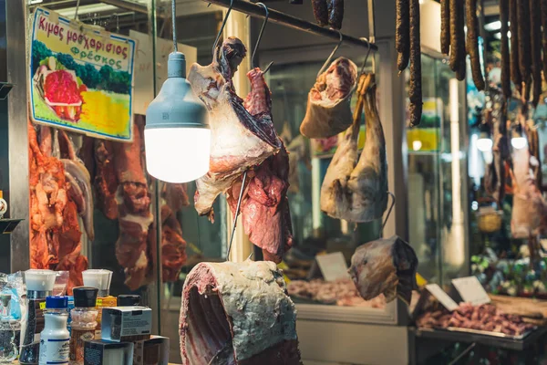 Local Kapani Market Thessaloniki Its Butchers Shop Presenting Various Raw — Fotografia de Stock