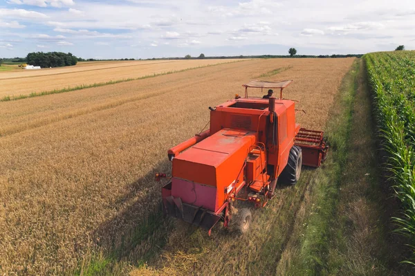 Blue-collar work concept. Proud combine harvester operator using his red combine machine to harvest his field. Drone perspective. High quality photo