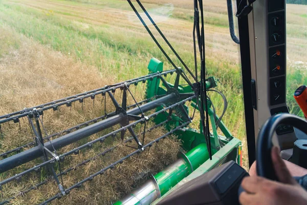 Combine Harvester Operators Perspective Harvesting Unrecognizable Caucasian Farmer Driving Agricultural — Stok fotoğraf