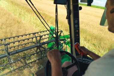 View from the combine drivers cabin - a combine header harvesting oilseed rape during late summer or autumn. A farmers hands on the steering wheel. High-quality photo