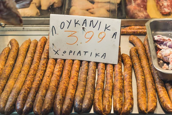 Tasty Long Brown Sausages Metallic Tray Waiting Hungry Clients Buy — Fotografia de Stock