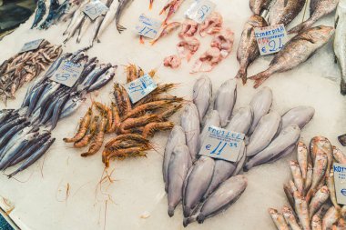 Mediterranean cuisine and pescatarian diet concept. Unconventional touristic destinations. Fish market presenting its seafood variety. High quality photo