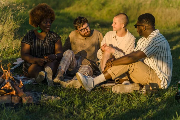 Positive diverse group of friends sitting on a blanket on the grass near the campfire, talking and enjoying the sunset in nature. Wild van camping trip. High quality photo