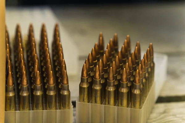 Closeup shot of numerous long metallic nato bullets in open packaging. Firearm concept. Shooting range. High quality photo