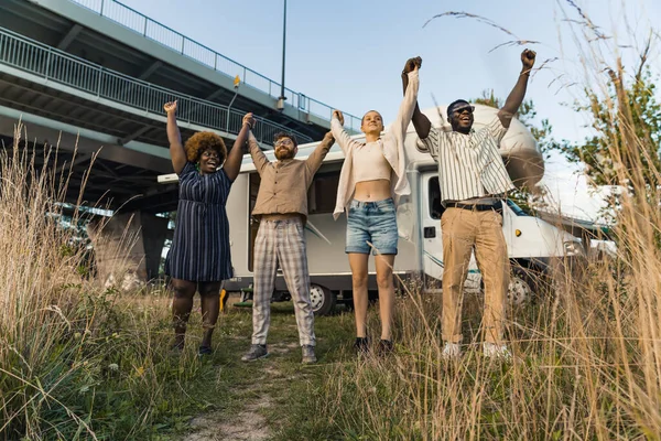 Group Happy Young Best Friends Standing Raising Holding Each Others — Photo