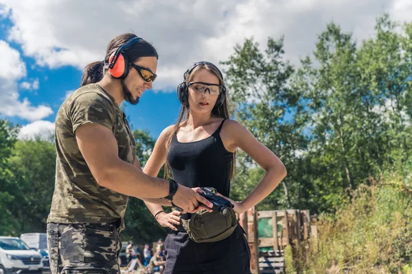 Caucasian Man Woman Wearing Safety Goggles Headphones Learning How Operate —  Fotos de Stock