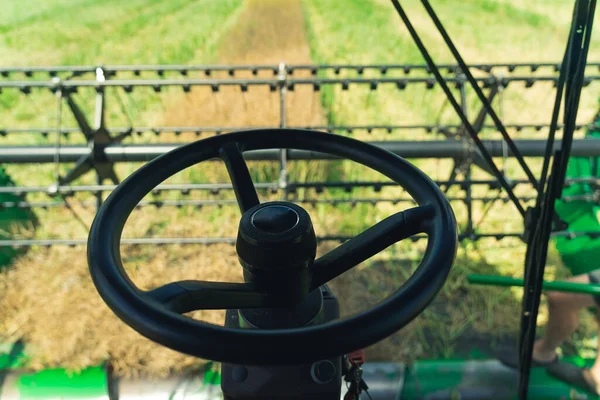 Black Steering Wheel Combine Harvester Farmers Perspective Harvesting Process Modern — Stok fotoğraf