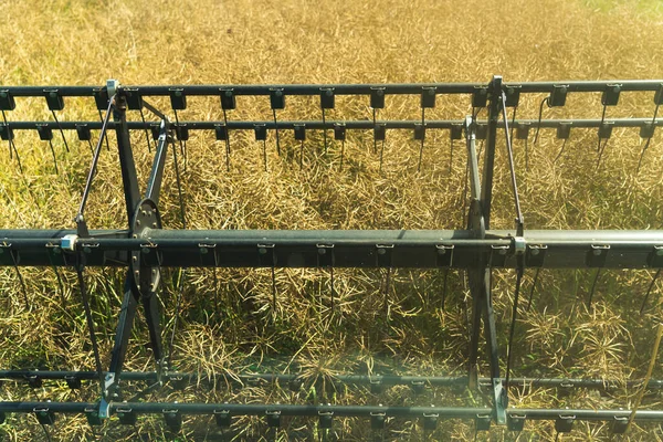 Closeup Shot Combine Harvesters Reel Seen Farmers Perspective Harvesting Concept — Fotografia de Stock