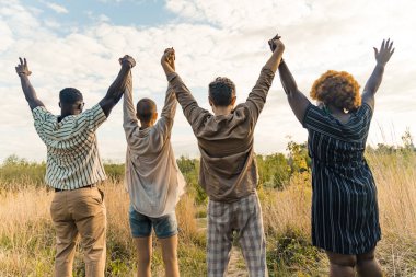 medium-full shot of multiethnic friends with their hands up. High quality photo