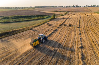 Blue tractor with trailer stacking hay driving through golden field with hay bales and trees in the background. Farm landscape. Horizontal shot. High quality photo