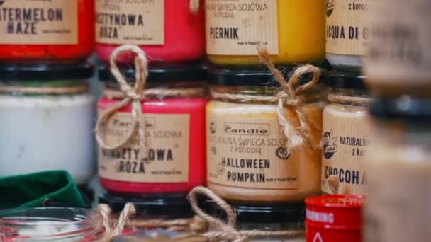 2022 Warsaw Poland Closeup Shot Numerous Colourful Soy Candles Offering — Wideo stockowe