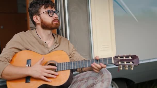 Young Bearded Caucasian Man Playing Guitar Picnic Nature His Friends — Video