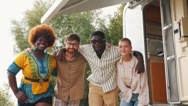 Interracial Friendship Camping Van Trip Diverse People Four Close Friends — Stock video
