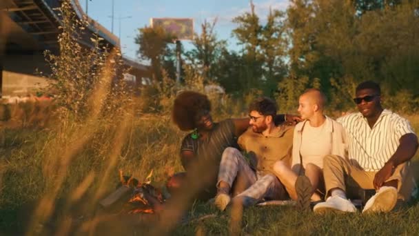 Group Happy Young People Having Weekend Picnic Nature Sitting Together — Vídeo de Stock