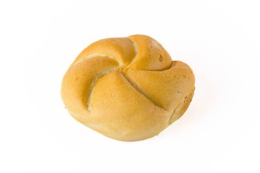 Single normal plain kaiser roll from wheat flour isolated on white background. Perfect round sandwich. Baking concept. High quality photo