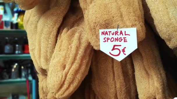Beige Natural Sponges Awaiting Clients Greek Kapani Market Natural Hygiene — Wideo stockowe