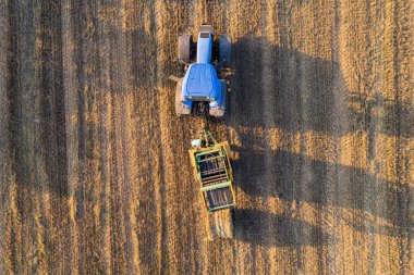 Top-down view of blue tractor in sunlit golden field making hay bales. Farming and agriculture. Horizontal shot . High quality photo