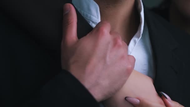 Close Shot Womans Arm Wrapped Her Lovers Chest His Hand — Stock Video