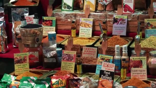 2022 Thessaloniki Greece Colourful Display Various Minced Greek Spices People — Stockvideo