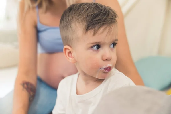 Indoor Portrait Closeup Shot Young Preschooler Dark Haired Boy Mouth — Stok fotoğraf