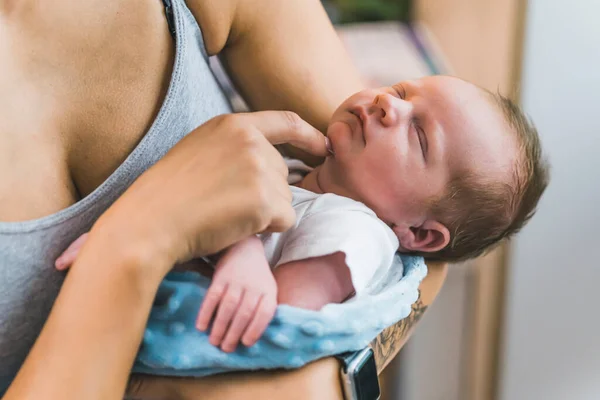 Adorable Infant Baby Boy Cute Hair Wrapped Blanket Sleeping Peacefully — Stock Photo, Image