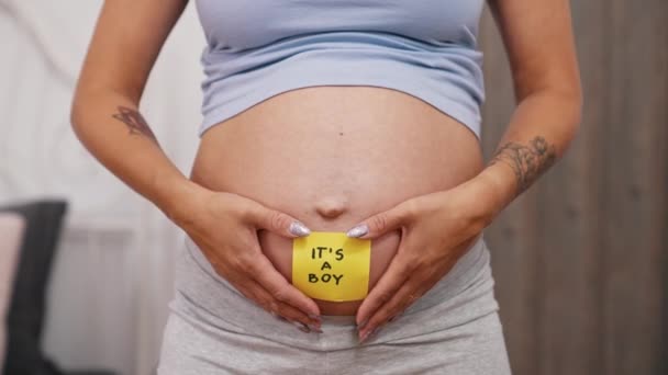 Närbild Kaukasiska Gravid Kvinna Smeker Hennes Mage Med Dess Pojke — Stockvideo