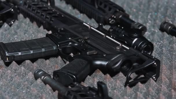 Firearm Specialistic Case Filled Grey Foam Black Guns Rifles Lying — Stock Video