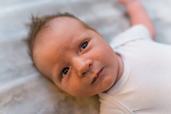 Close Portrait Caucasian Newborn Baby Boy Lying His Bank Blanket — Stock Photo, Image