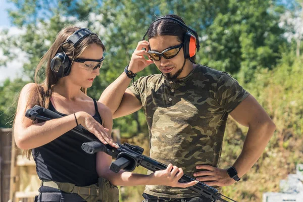 Medium Shot Young Skinny Woman Instructor Shooting Range Outdoors High — Stock Photo, Image