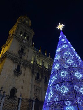 İspanya 'da Jaen Katedrali' nin önünde yıldızlarla dolu güzel bir Noel Ağacı duruyor. Noel büyüsü ve ruhu. Yüksek kalite fotoğraf