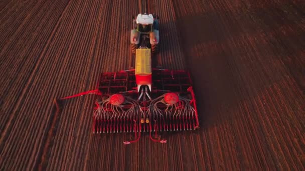 Top View Tractor Sowing Machine Driving Brown Field Farming Agriculture — Stock Video