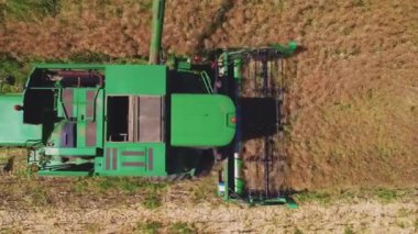 Yeşil bir tarımın havadan görünüşü ve büyük bir tahıl tarlasında mahsul toplayan dönen bir makaranın görüntüsü. - Evet. Yüksek kalite 4k görüntü