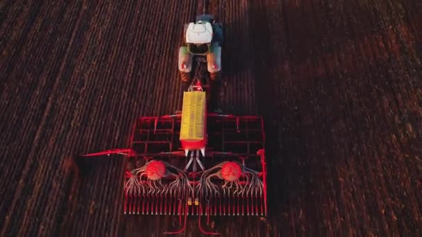 Ekme Makinesi Olan Traktör Kahverengi Tarladan Geçiyor Yan Tarafında Yeşillik — Stok video