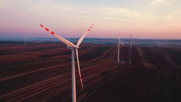 Silhueta Turbina Eólica Campo Verde Com Sol Nascente Brilhante Fundo — Vídeo de Stock