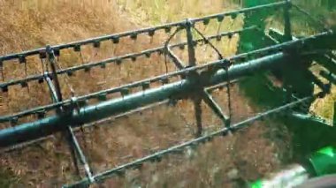 İş sırasında hasatçıları birleştiren yakın çekim görüntüsü. Kolza tohumu toplama işlemi. Sıfırdan gıda endüstrisi. Yüksek kalite 4k görüntü