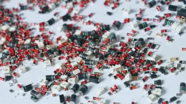 Close Shot Scattered Electrical Components Circuit Board Various Shapes Colors — Stock Video