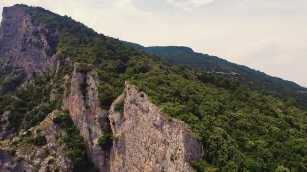 緑の森に覆われたオリンパス山のスローモーションクリップ 曇った空 ギリシャの美しい品種 夏の目的地エリア 高品質4K映像 — ストック動画