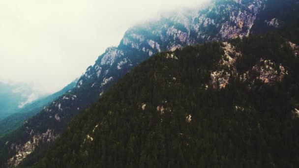 自然の力 ギリシャで最も高い山であり ギリシャの神々の神話の故郷であるオリンパス山の驚くべき空中スローモーションショット 鬱蒼とした森 霧と雲 高品質4K映像 — ストック動画