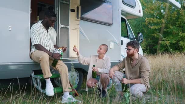 Student Camping Party Multiracial Friends Sitting Camper Tasty Beer Green — Stock Video