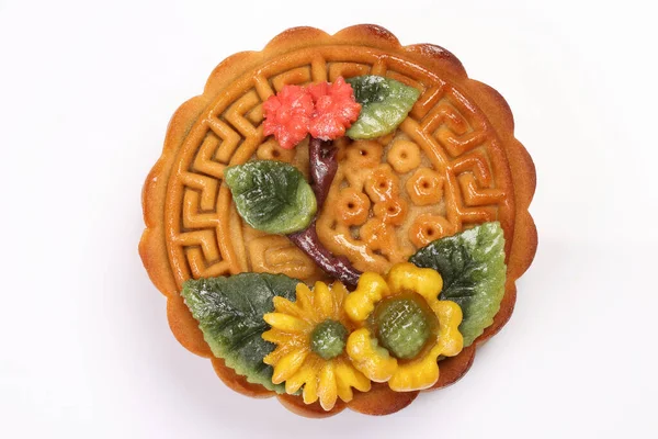 Colorful Flower Decorated Mooncake Chinese Mid Autumn Festival White Background — Stock Photo, Image