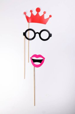 Red crown lips round eyewear spectacle frame shape paper face die cut selfie portrait party fun paper prop sticker stick on white background