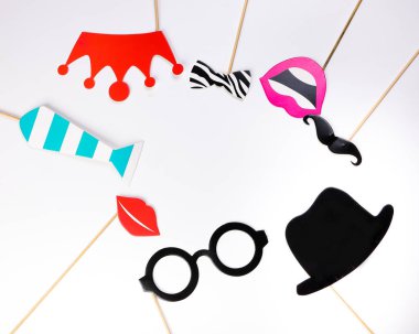 Black round eyewear spectacle frame hat moustache blue neck tie red crown lip smile shape paper die cut selfie portrait party fun paper prop sticker stick on white background