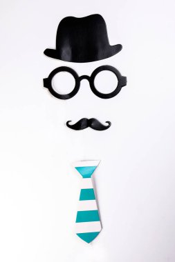 Black hat round eyewear spectacle frame moustache blue neck bow tie face shape paper die cut selfie portrait party fun paper prop sticker stick on white background