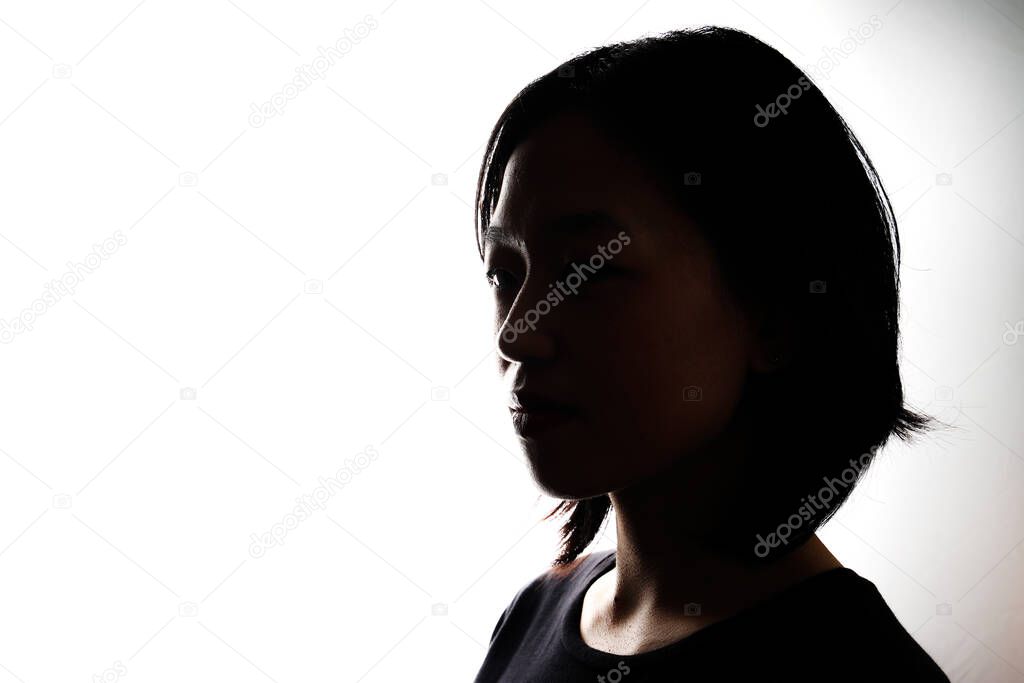 Silhouette dark black portraits of young southeast Asian woman on white background romance love care friends emotion expression thoughts